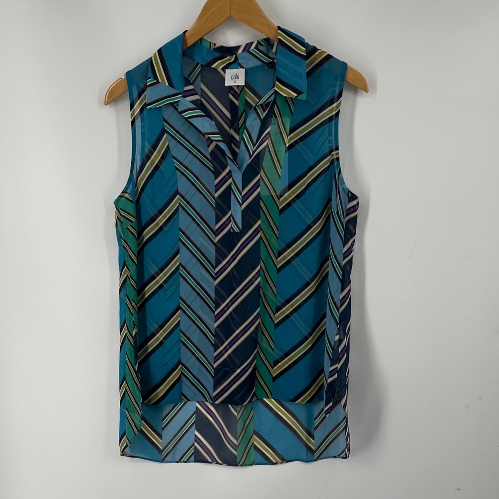 CAbi Teal Navy Green Striped Sleeveless Blouse